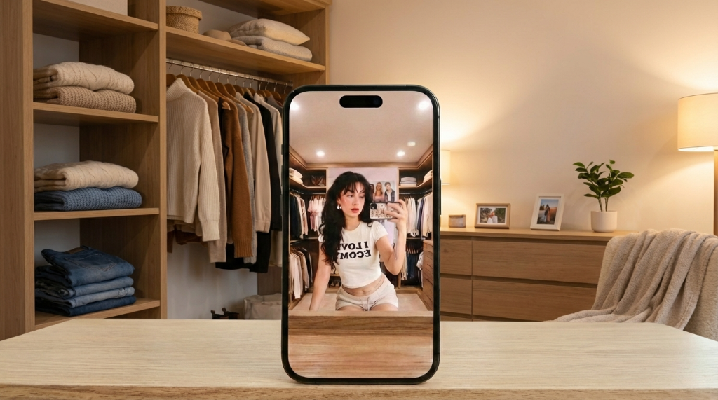 Outfitry AI Outfit Generator app on iPhone showing virtual try-on feature